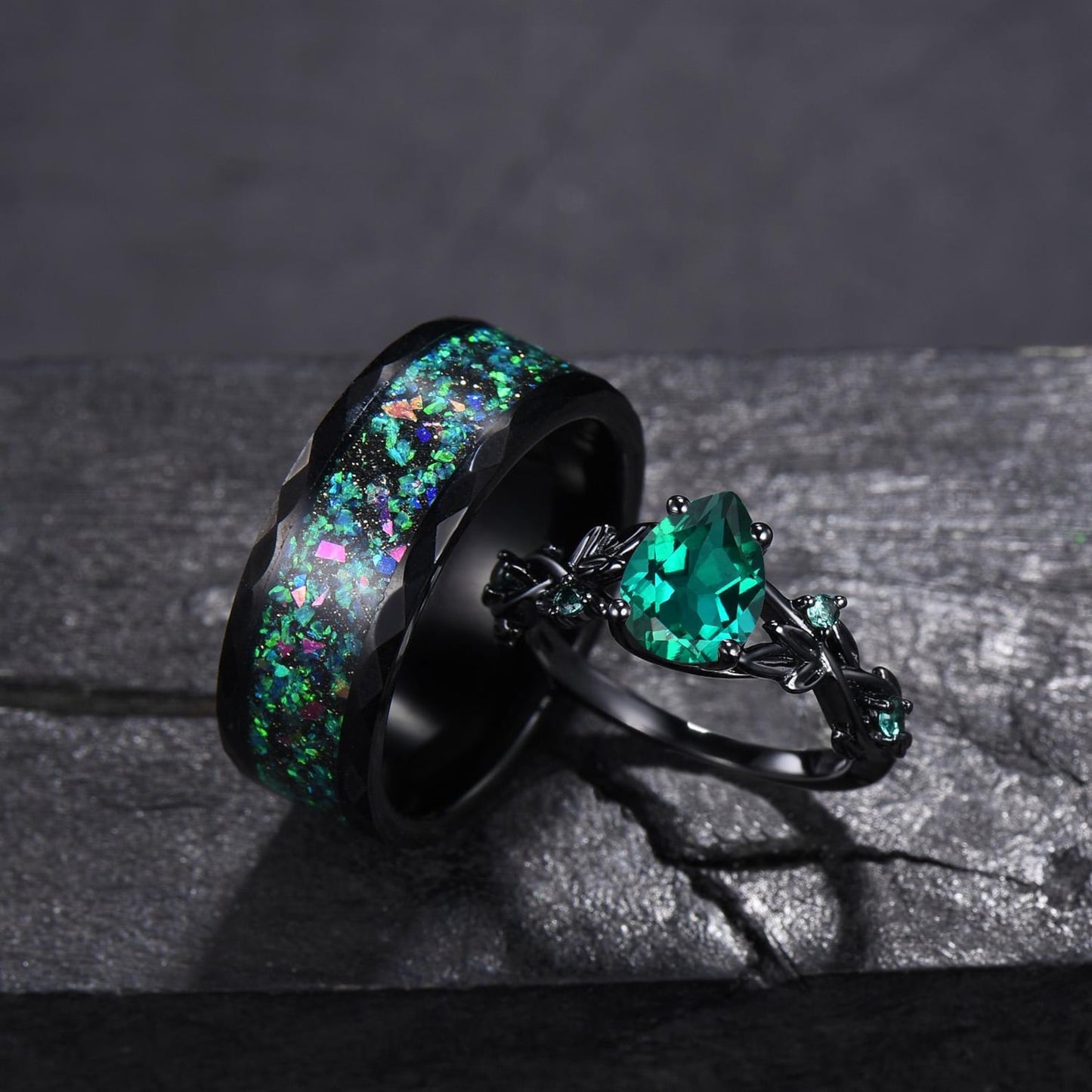 Gothic Black Green Emerald Couples Ring Black Gold Matching Ring Set Tungsten Black Opal Promise Ring Set For Men and Women Anniversary Gift