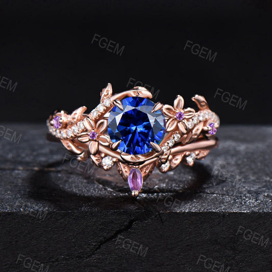 1ct Round Blue Sapphire Ring Set Rose Gold Floral Sapphire Amethyst Bridal Set Leaf Vine Moissanite Ring September Birthstone Promise Gifts