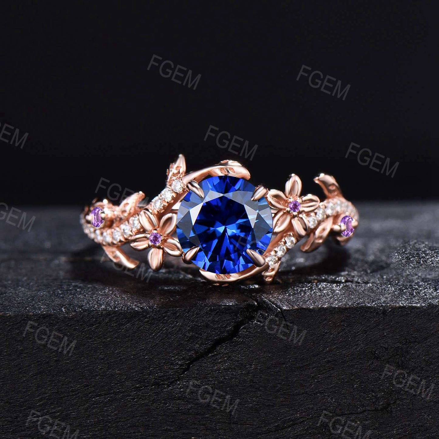 1ct Round Blue Sapphire Ring Set Rose Gold Floral Sapphire Amethyst Bridal Set Leaf Vine Moissanite Ring September Birthstone Promise Gifts