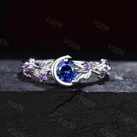 Nature Inspired Round Blue Sapphire Engagement Ring Entangled Vines Amethyst Ring Silver Moon Star Design Sapphire Wedding Ring Women Gifts