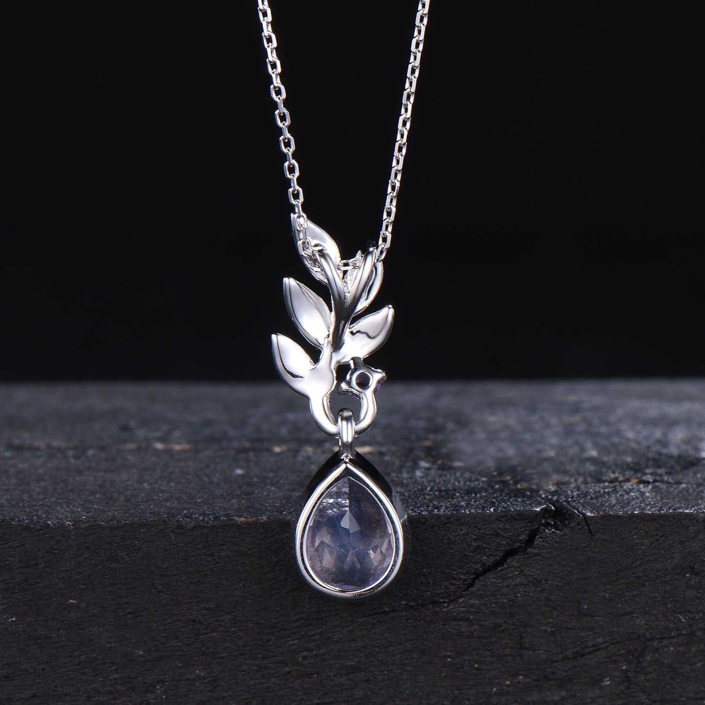 Natural Lavender Amethyst Necklace 14k Yellow Gold Olive Leaf Necklace Pear Shaped Vintage Purple Amethyst Pendant February Birthstone Gifts