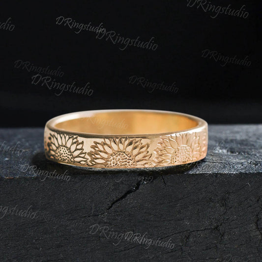 10K Gold Sunflower Ring Pattern Engrave Wedding Ring 4mm/5mm/6mm Mens Promise Bridal Ring Birth Flower Ring Plain Band Ring Floral Jewelry