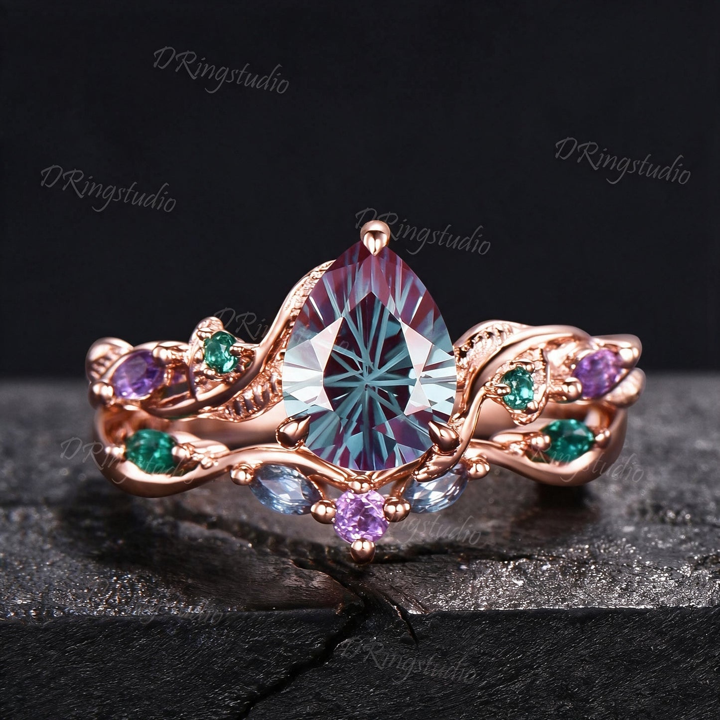 1.25CT Fireworks Cut Color-Change Alexandrite Black Gold Wedding Ring Set Pear Cut Engagement Rings Twig Vine Emerald Amethyst Bridal Set
