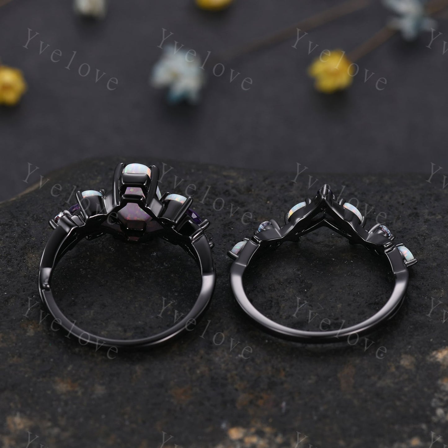 Vintage Coffin White Opal Engagement Ring Set,Black Gold,Vines Amethyst Opal Ring,Women Bridal Set,Unique Twig Anniversary Promise Ring Gift