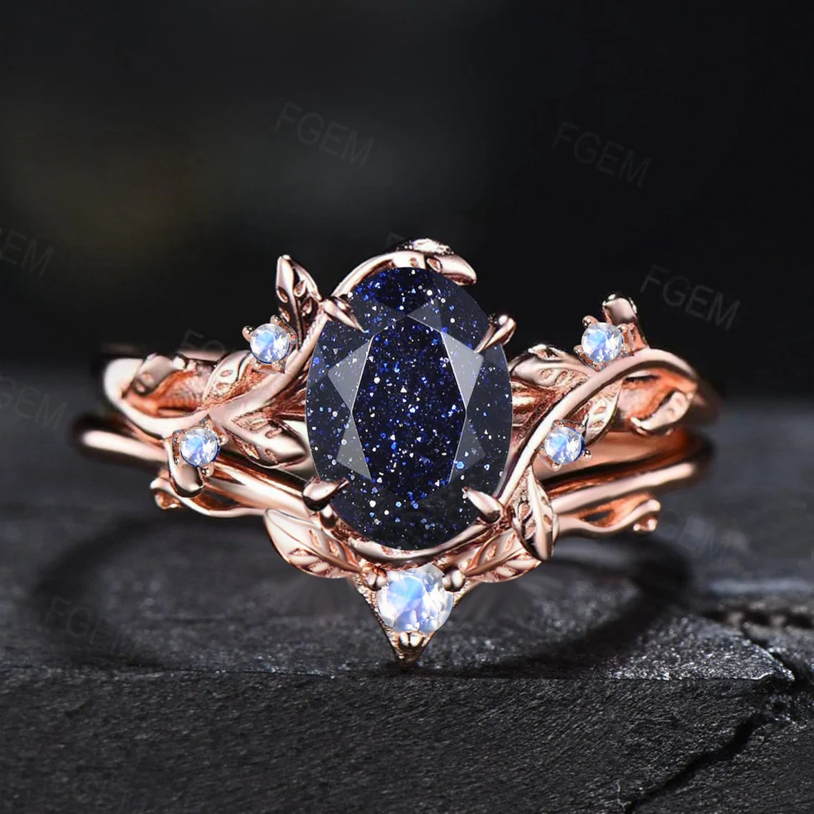 Nature Inspired Starry Sky Galaxy Blue Sandstone Engagement Ring Set Branch Leaf Wedding Band Cluster Black Ring Blue Goldstone Bridal Set