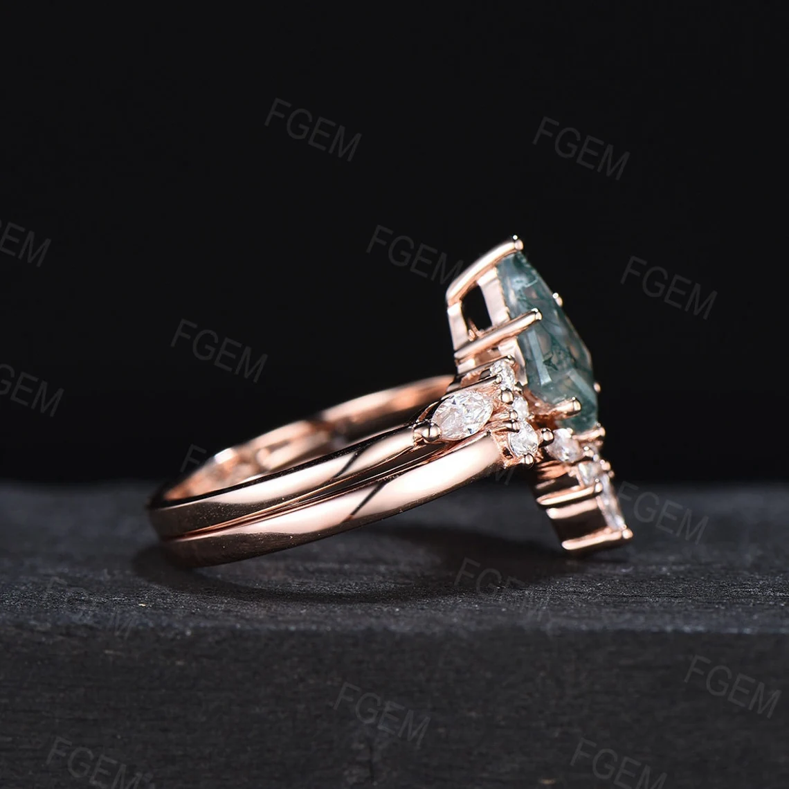 Natural Moss Agate Ring Kite Cut Moss Agate Wedding Ring Set Marquise Moissanite Wedding Band Green Gems Crystal Jewelry Anniversary Gifts
