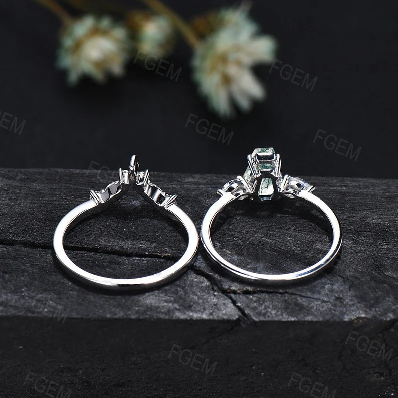 Unique Coffin Natural Moss Agate Ring Set Vintage Coffin Shape Engagement Ring Long Hexagon Moss Agate Ring Moonstone Moissanite Bridal Set
