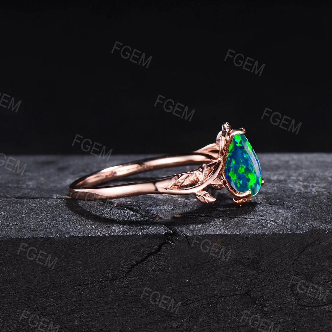 6*8mm Pear Shaped Black Fire Opal Ring Vintage Silver Twig Leaf Nature Inspired Opal Engagement Ring Anniversary Ring Women Proposal Gift