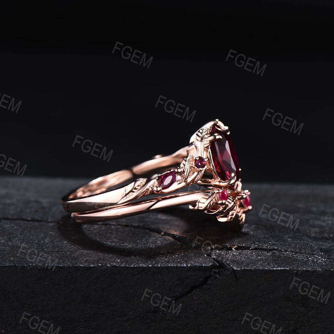 1.5ct Oval Nature Ruby Gemstone Jewelry 10K Rose Gold Twig Leaf Ruby Engagement Ring Set Unique Anniversary Ring Women July Birthstone Gift