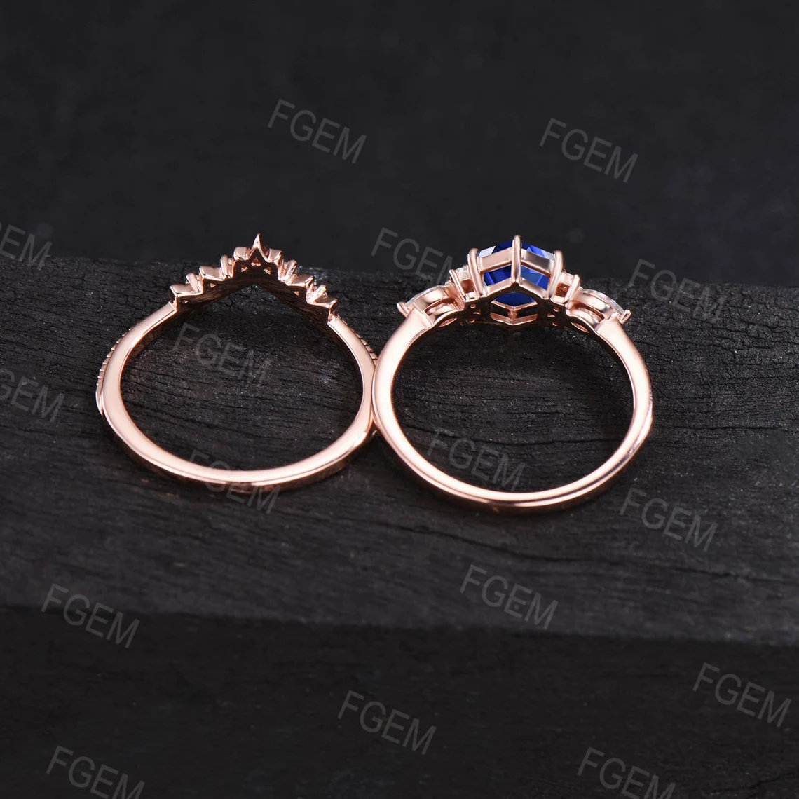1ct Blue Sapphire Engagement Ring Set Vintage Hexagon Bridal Set September Birthstone Wedding Ring Blue Gemstone Promise Ring Gift for Women