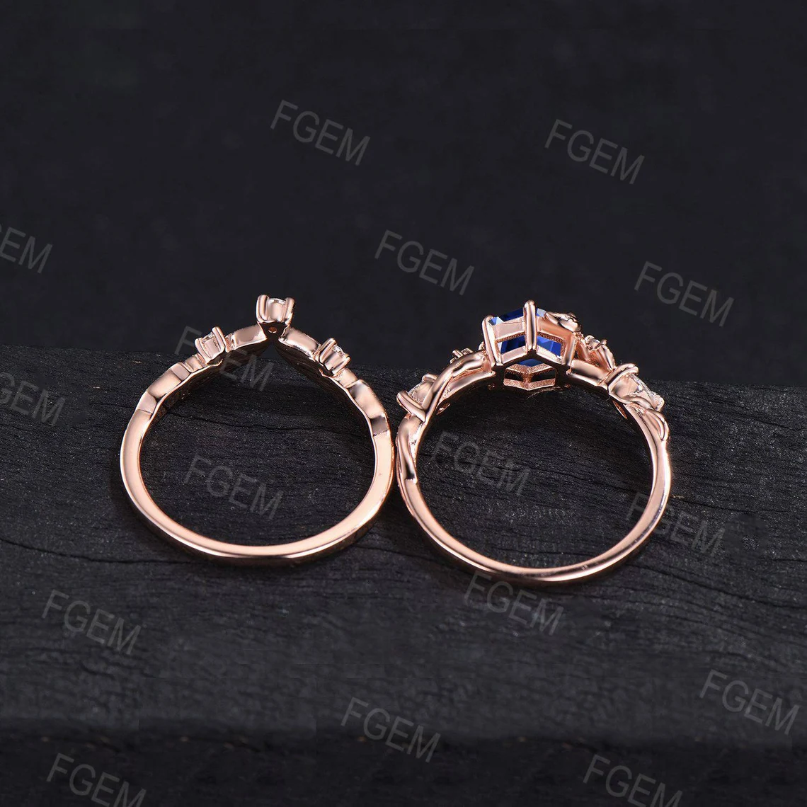 Rose Gold 1.25ct Blue Sapphire Leaf Engagement Ring Vintage Pear Shaped Sapphire Bridal Set September Birthstone Blue Gemstone Jewelry Gifts