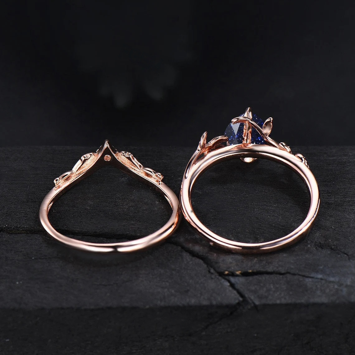 Nature Inspired Starry Sky Galaxy Blue Sandstone Engagement Ring Set Branch Leaf Wedding Band Cluster Black Ring Blue Goldstone Bridal Set
