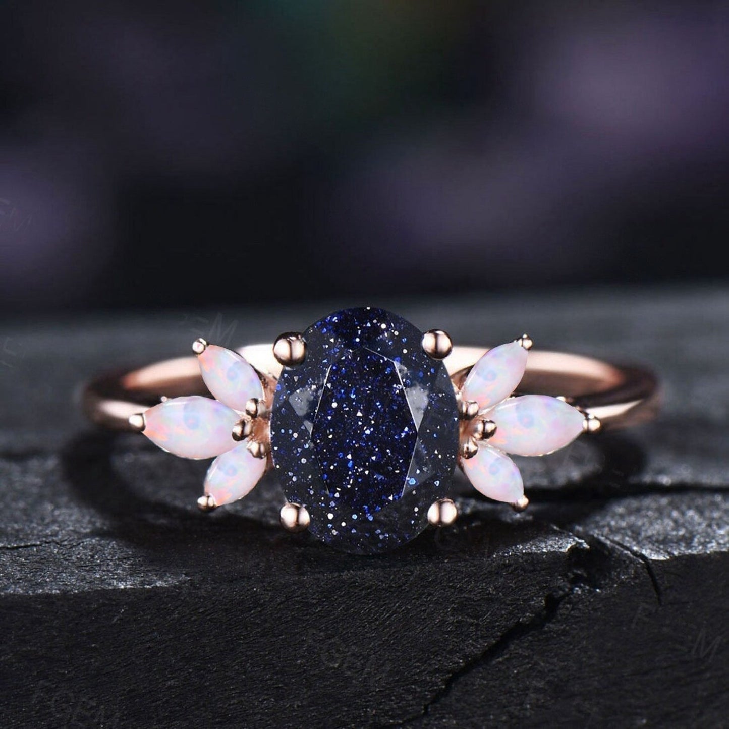 1.5ct Oval Cut Blue Sandstone Cluster Engagement Rings Galaxy Starry Sky Ring Black Gemstone Ring Unique Handmade Proposal Gifts for Women