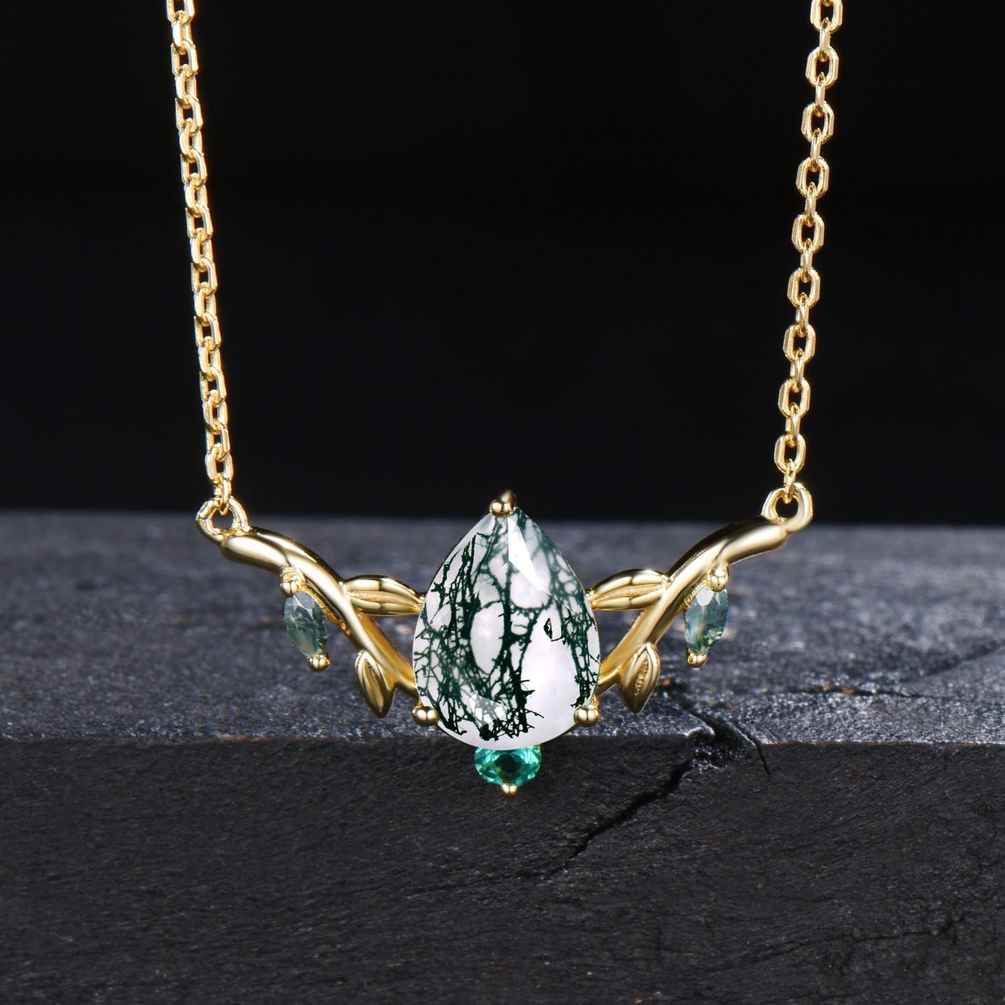 Teardrop Natural Moss Agate Necklace 14k/18k White Gold Necklace Vintage Leaf Vine Emerald Pendant Marquise Green Moss Necklace Women Gifts