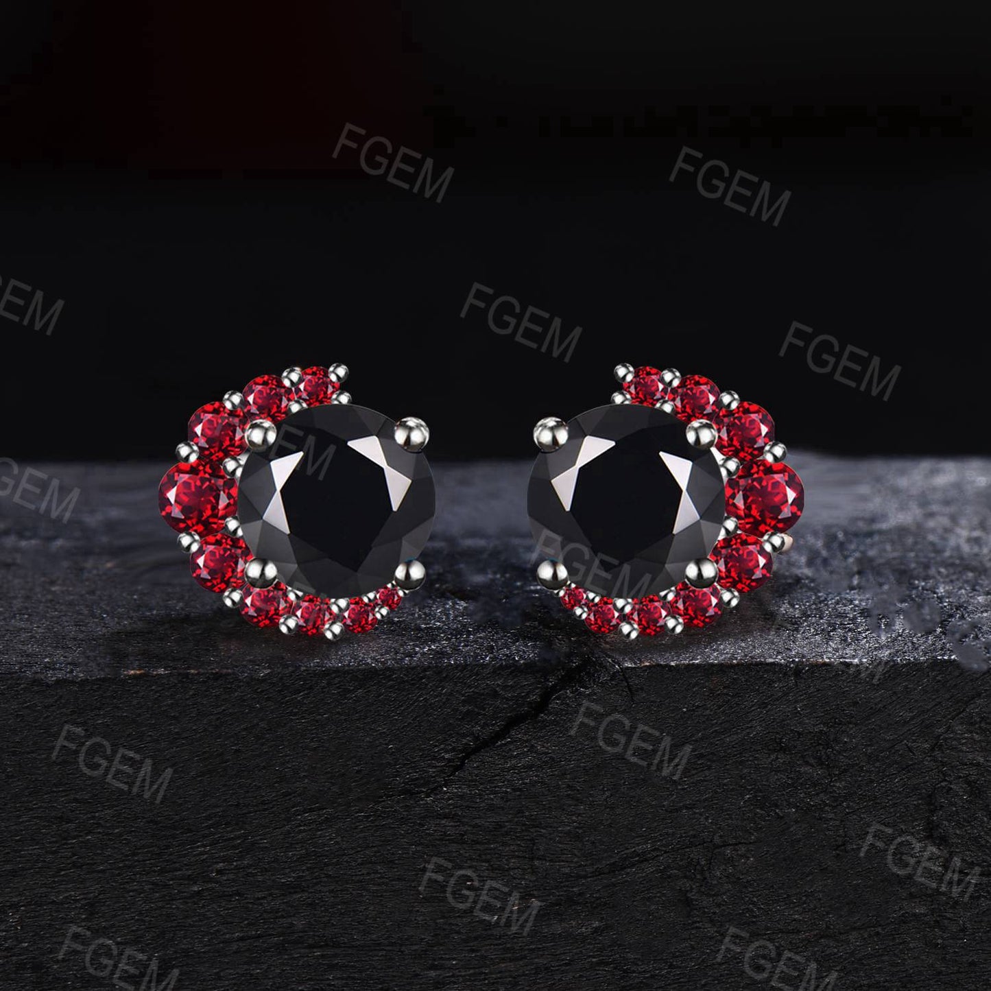 5mm Round Cut Natural Black Onyx Stud Earrings Unique Cluster Ruby Earrings Black Gemstone Wedding Earring Flower Earrings Proposal Gifts