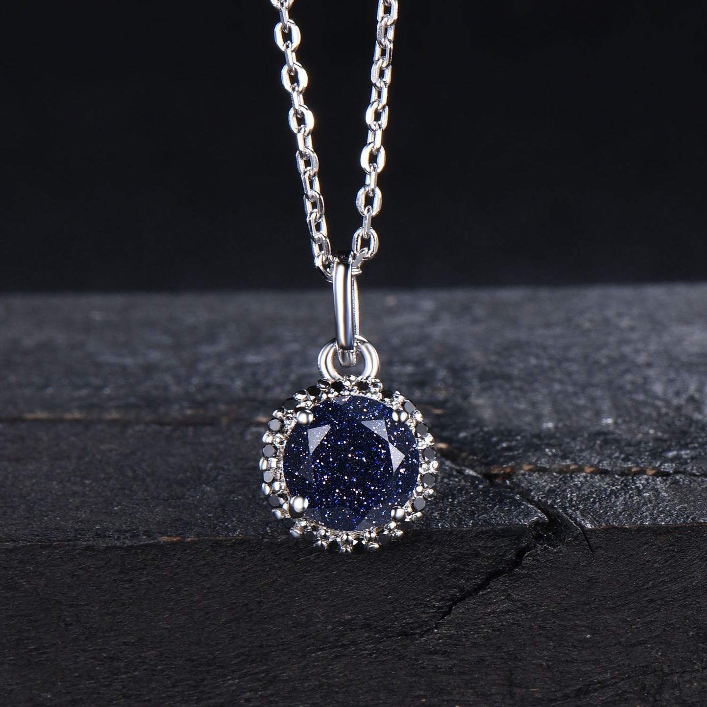 Vintage Blue Sandstone Halo Necklace 14K Solid Gold Natural Black Diamond Pendant Layer Blue Goldstone Necklace Minimalist Jewelry for Women
