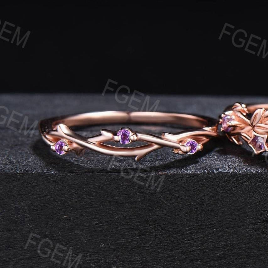 Moon Star Natural Amethyst Engagement Ring Set 5mm Round Amethyst Ring Nature Style Branch Leaf Amethyst Bridal Set February Birthstone Gift