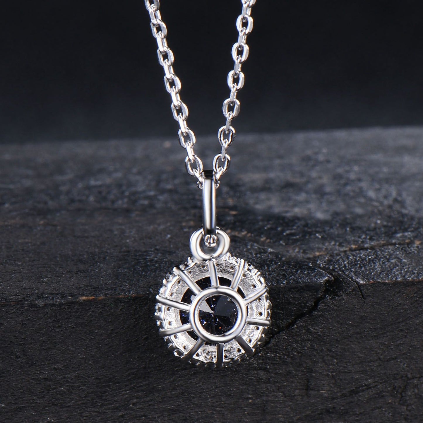 Vintage Blue Sandstone Halo Necklace 14K Solid Gold Natural Black Diamond Pendant Layer Blue Goldstone Necklace Minimalist Jewelry for Women