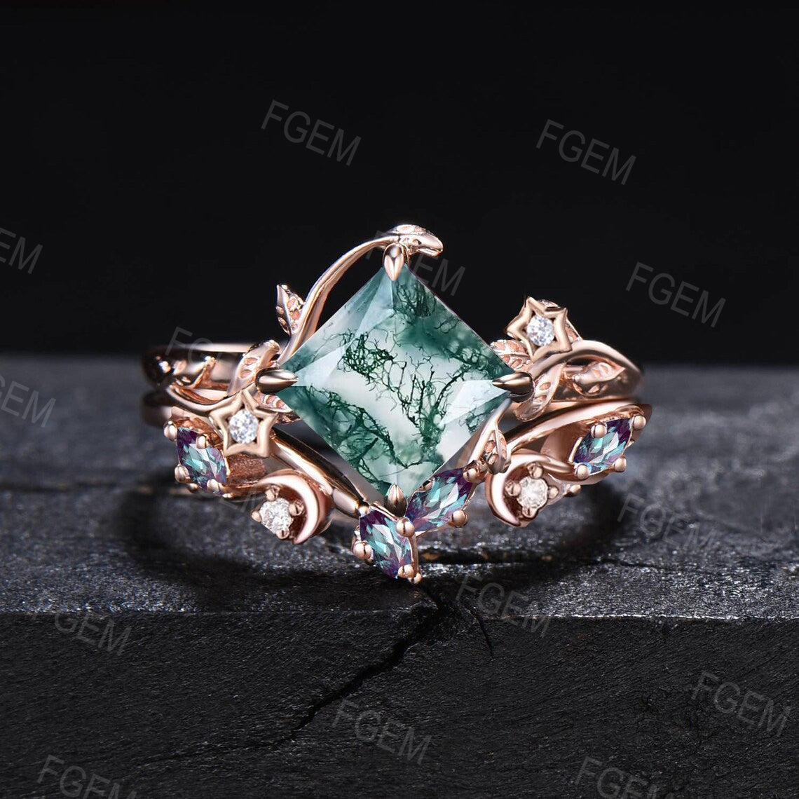 Princes Cut Natural Moss Agate Ring Set Nature Inspired Green Agate Wedding Ring Set Art Deco Moon Star Moonstone Moss Bridal Set for Women