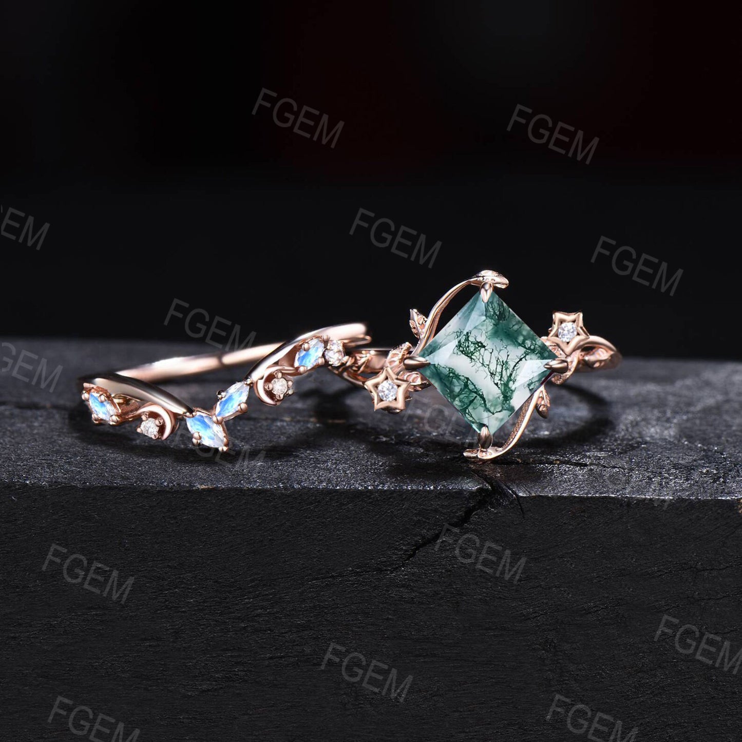 Princes Cut Natural Moss Agate Ring Set Nature Inspired Green Agate Wedding Ring Set Art Deco Moon Star Moonstone Moss Bridal Set for Women