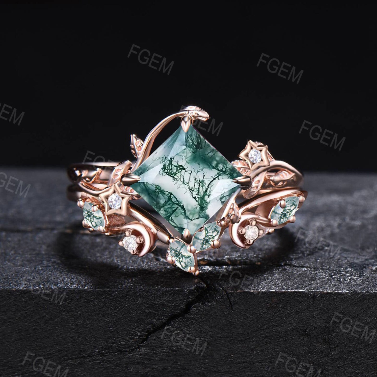 Princes Cut Natural Moss Agate Ring Set Nature Inspired Green Agate Wedding Ring Set Art Deco Moon Star Moonstone Moss Bridal Set for Women