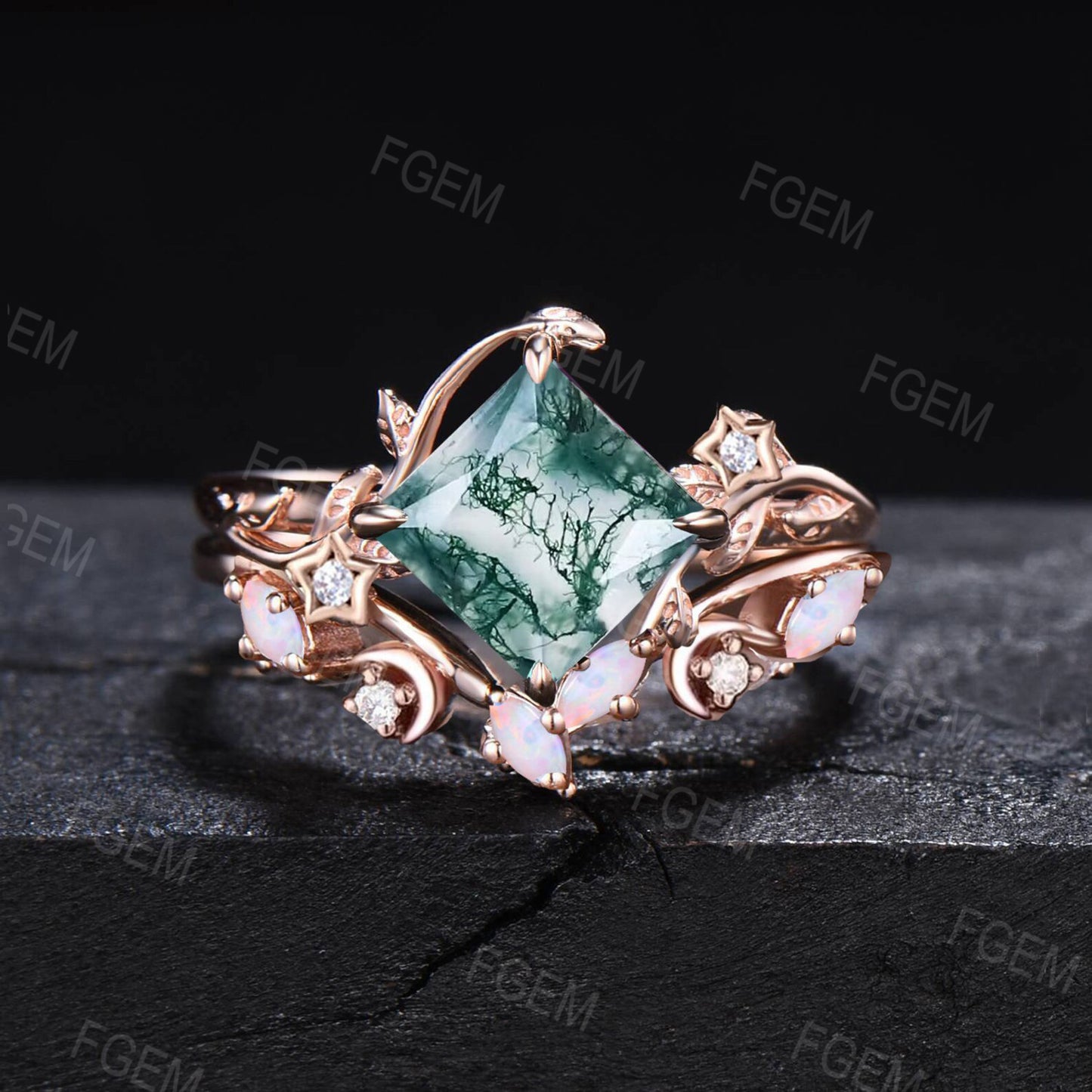 Princes Cut Natural Moss Agate Ring Set Nature Inspired Green Agate Wedding Ring Set Art Deco Moon Star Moonstone Moss Bridal Set for Women