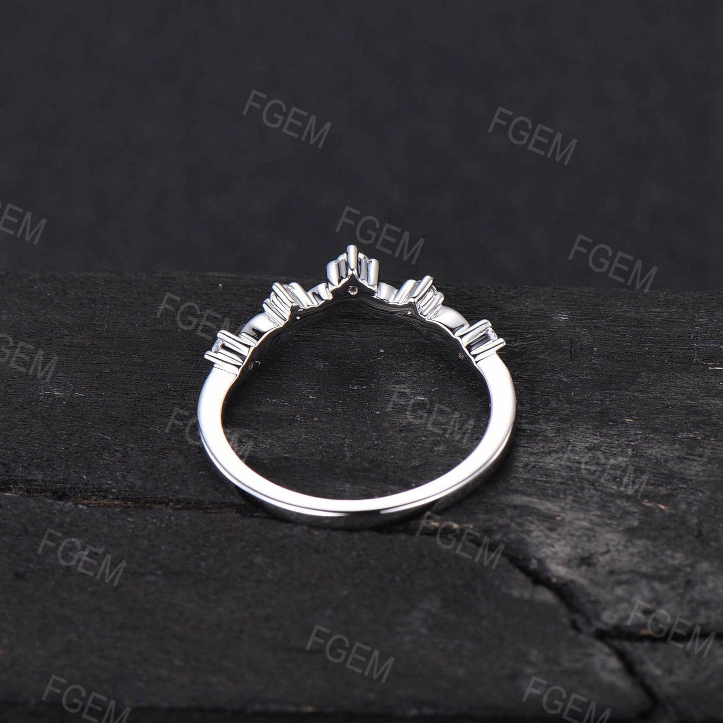 Nature Inspired Wedding Band Contour Curved Band 10K White Gold Moissanite Diamond Nesting Band Unique Vintage Stacking Matching Ring Bridal Gift