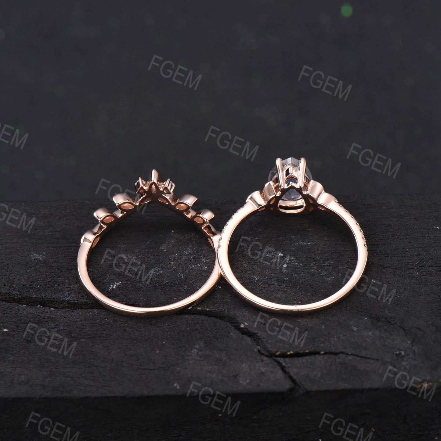 Celtic Moonstone Engagement Ring Set 10K Rose Gold 1.25ct Pear Natural Moonstone Wedding Ring Set Half Eternity Moissanite Trinity Knot Ring