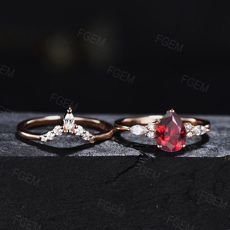 Sterling Silver Red Gemstone Jewelry 1.25ct Pear Shaped Ruby Engagement Ring Set Anniversary/Birthday Gift for Women July Birthstone Ring