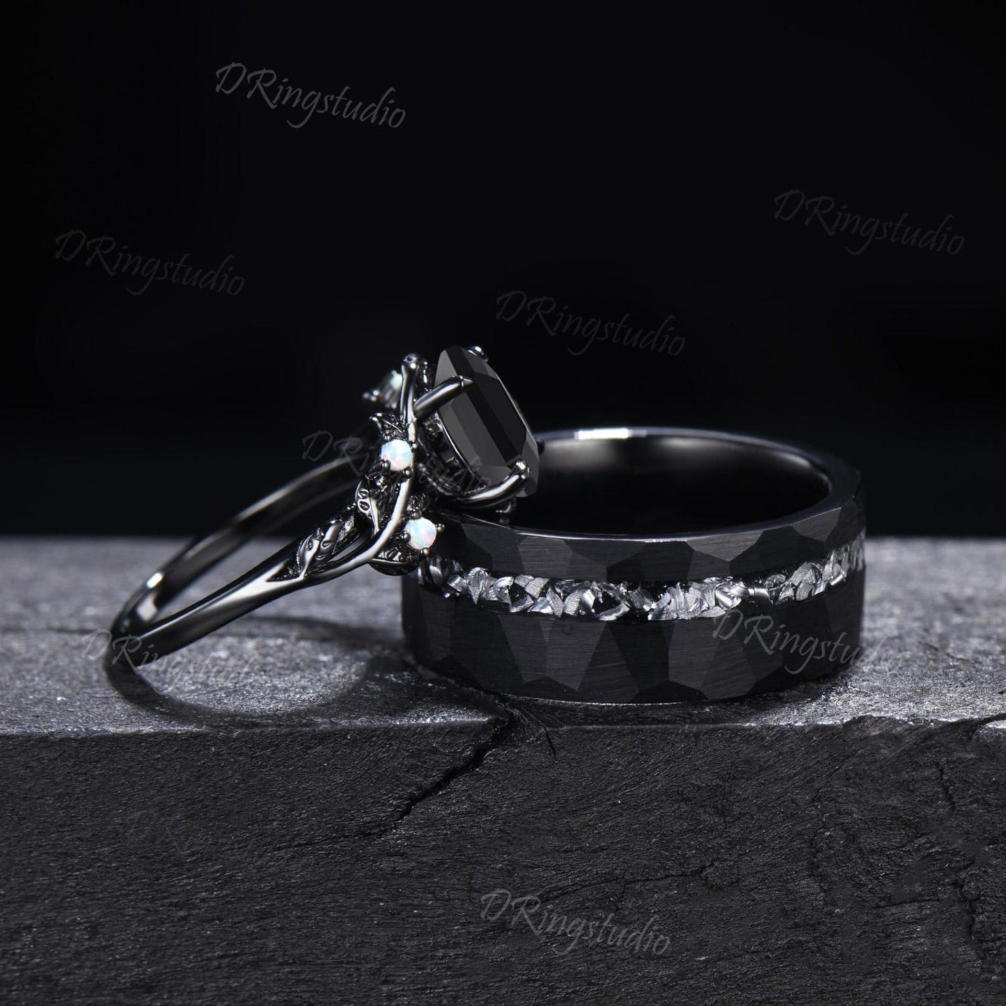 Gothic Natural Black Onyx Couples Promise Ring Set Black Gold Twig Leaf Witchy Engagement Ring Set Black Tungsten His and Hers Wedding Band