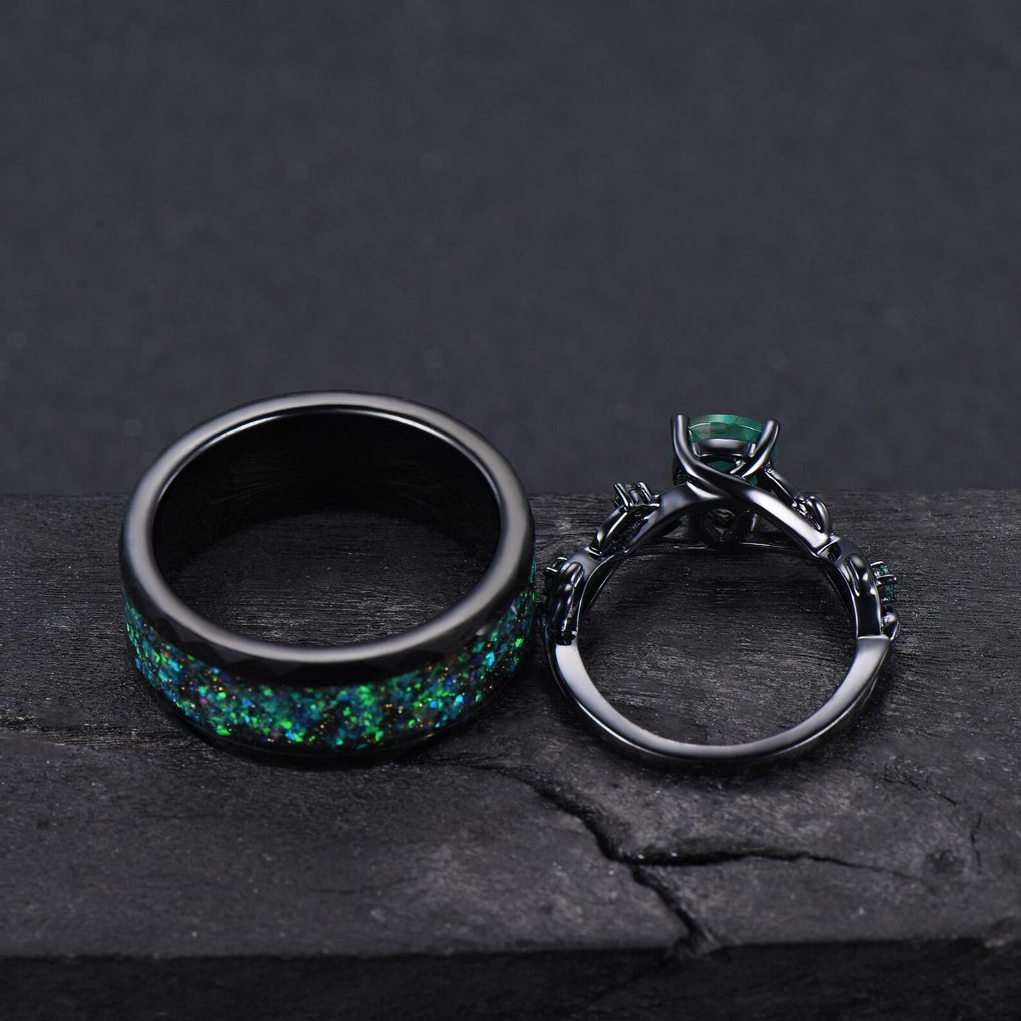 Gothic Black Green Emerald Couples Ring Black Gold Matching Ring Set Tungsten Black Opal Promise Ring Set For Men and Women Anniversary Gift