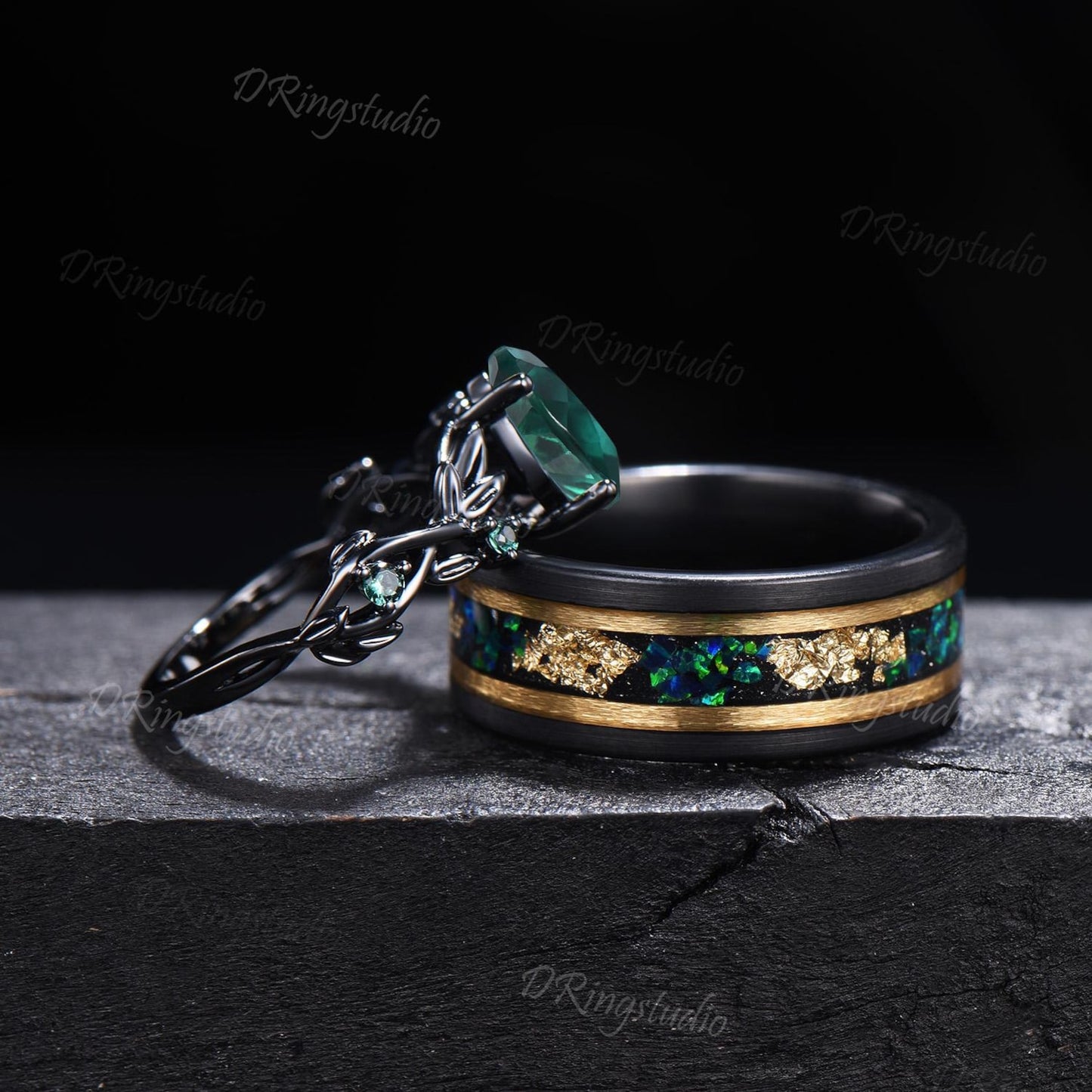 2pcs Pear Green Emerald Couple Set Gothic Black Gold Leaf Vine His and Hers Wedding Ring Nature Inspired Promise Ring Tungsten Matching Band