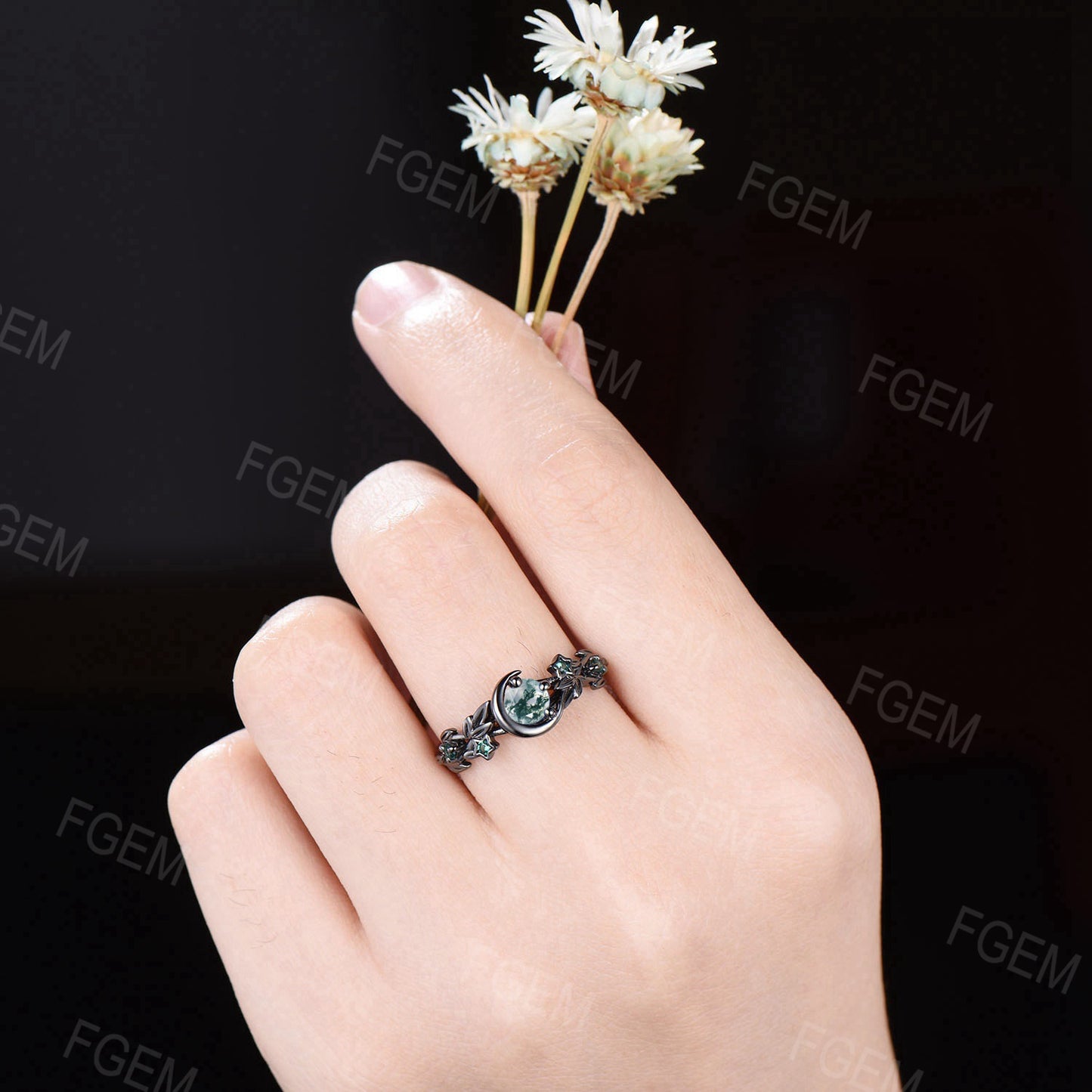 Moon Star Design 5mm Round Natural Moss Agate Engagement Ring 14k/18k Black Gold Emerald Ring Branch Leaf Green Moss Wedding Ring Women Gift
