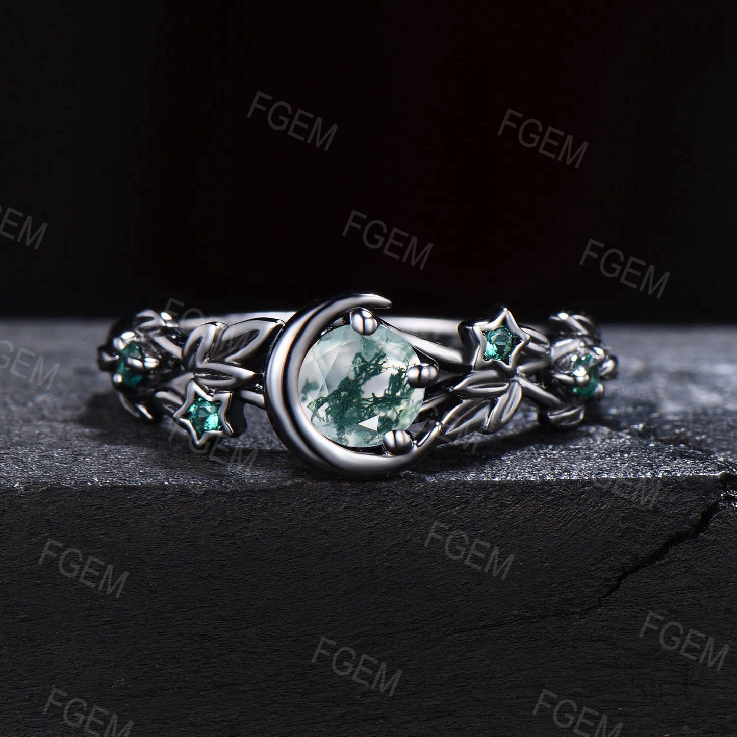 Moon Star Design 5mm Round Natural Moss Agate Engagement Ring 14k/18k Black Gold Emerald Ring Branch Leaf Green Moss Wedding Ring Women Gift
