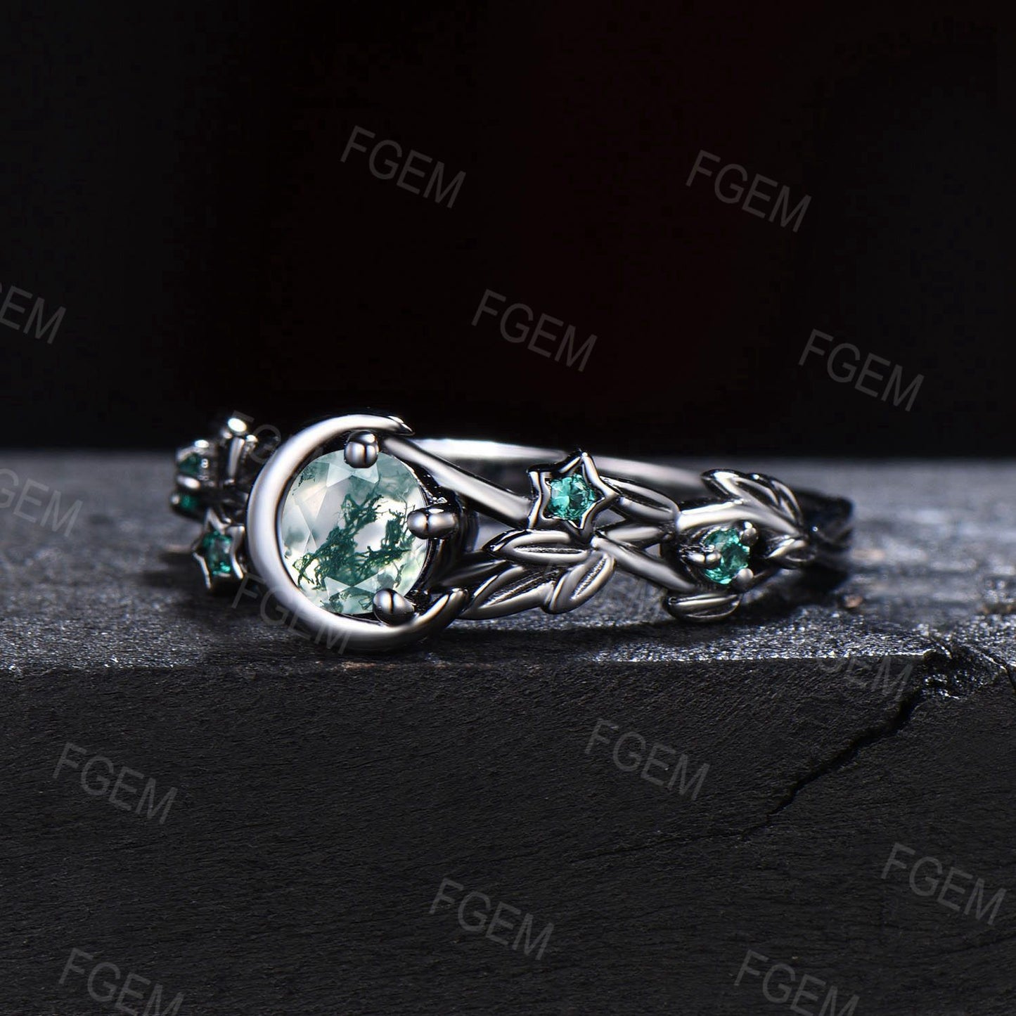 Moon Star Design 5mm Round Natural Moss Agate Engagement Ring 14k/18k Black Gold Emerald Ring Branch Leaf Green Moss Wedding Ring Women Gift