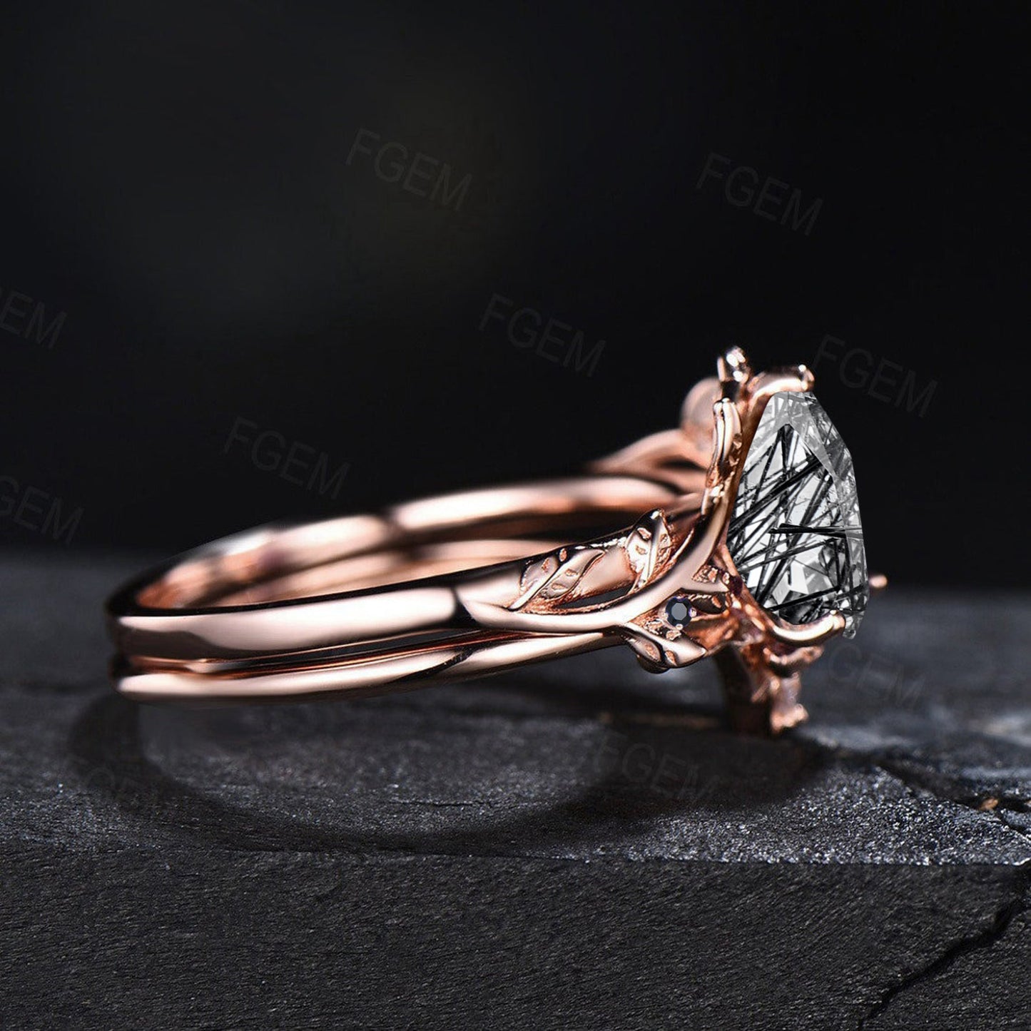 1.25ct Natural Black Rutilated Quartz Ring Set Vintage Pear Tourmalinated Quartz Ring Set Black Crystal Vintage 14K Rose Gold Nature Inspired Engagement Ring