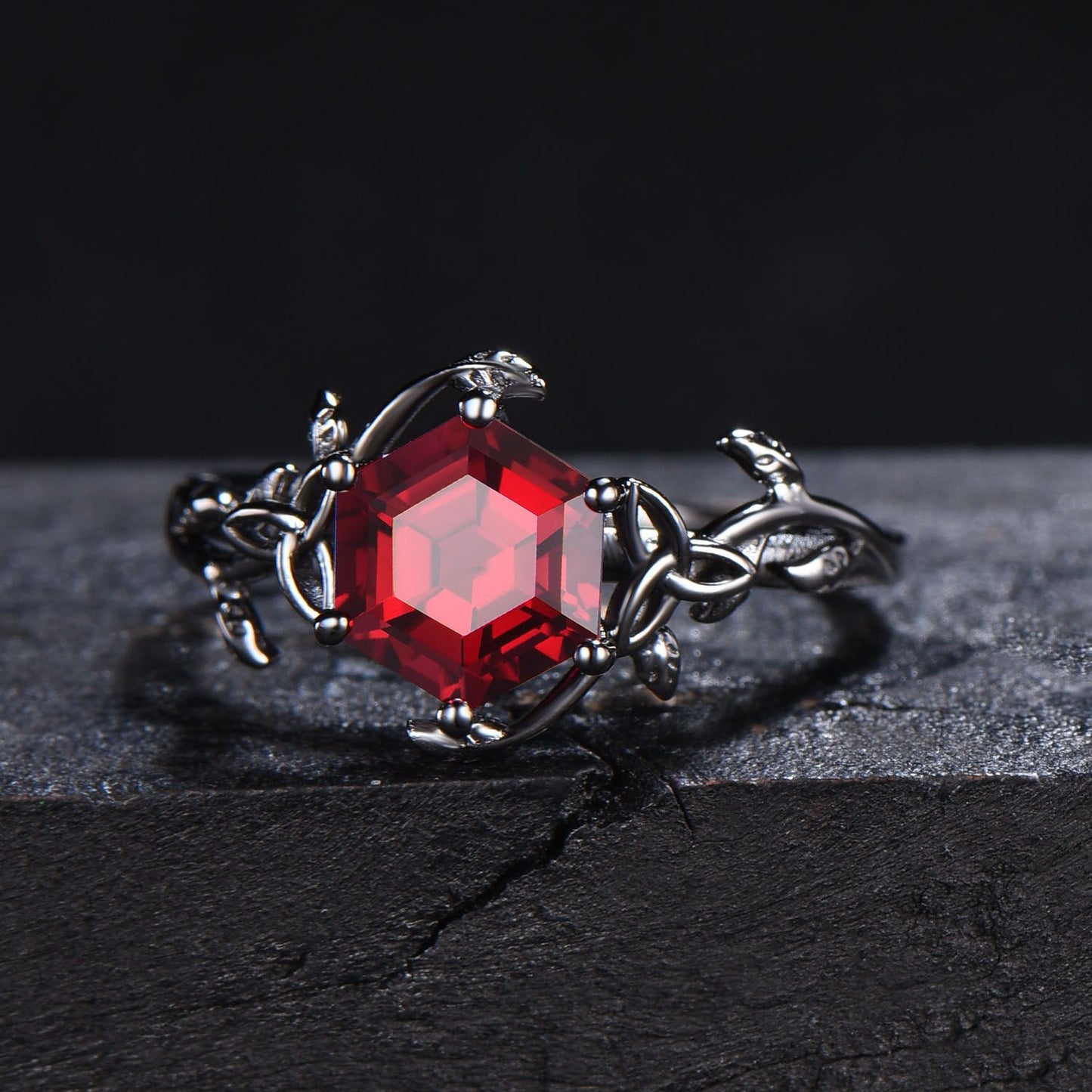 Black Gold Ruby Engagement Ring Wedding Ring Hexagon Cut Ruby Ring Set Unique Celtic Promise Ring