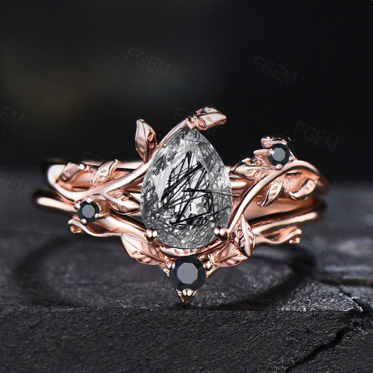 1.25ct Natural Black Rutilated Quartz Ring Set Vintage Pear Tourmalinated Quartz Ring Set Black Crystal Vintage 14K Rose Gold Nature Inspired Engagement Ring