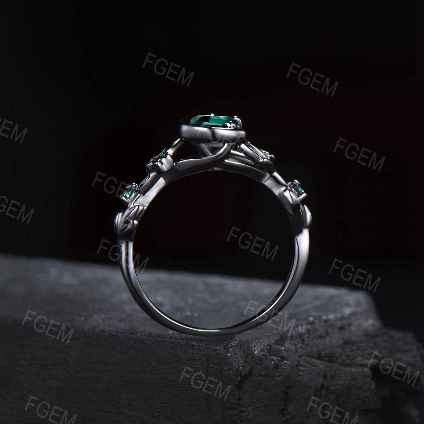 Crescent Moon Black Gold Ring Round Emerald Engagement Ring Nature Style Twig Leaf Emerald Wedding Ring May Birthstone Jewelry Promise Gifts