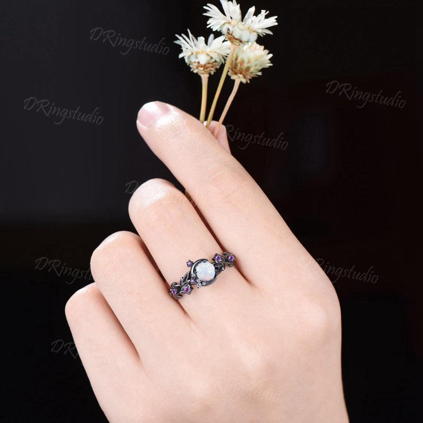Black Gold Nature Inspired Round Opal Engagement Ring Nebula Moon Star Amethyst Wedding Ring Gothic Black Twig Leaf Bridal Ring Jewelry Gift