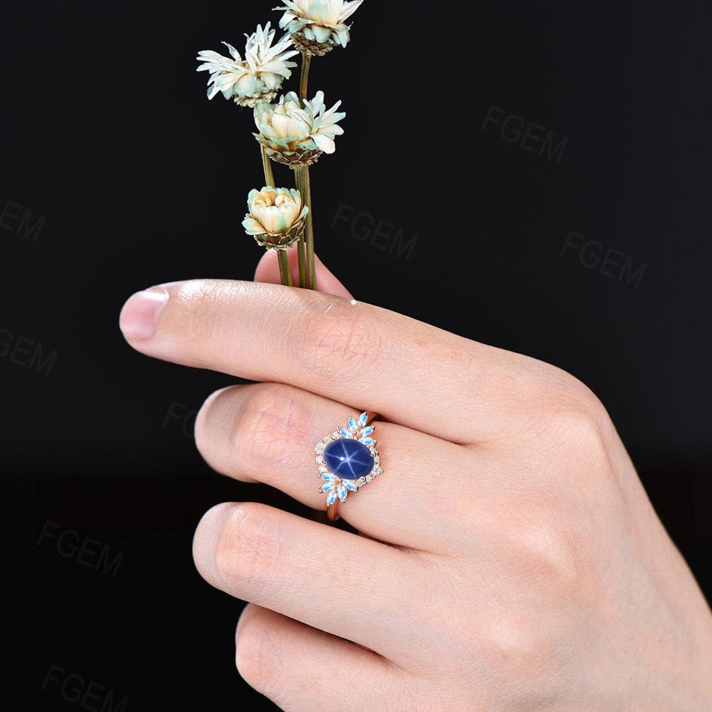 1.5ct Oval Cut Star Sapphire Moonstone Engagement Ring 14K Rose Gold Halo Diamond Wedding Ring Unique June Birthstone Anniversary Gift Women