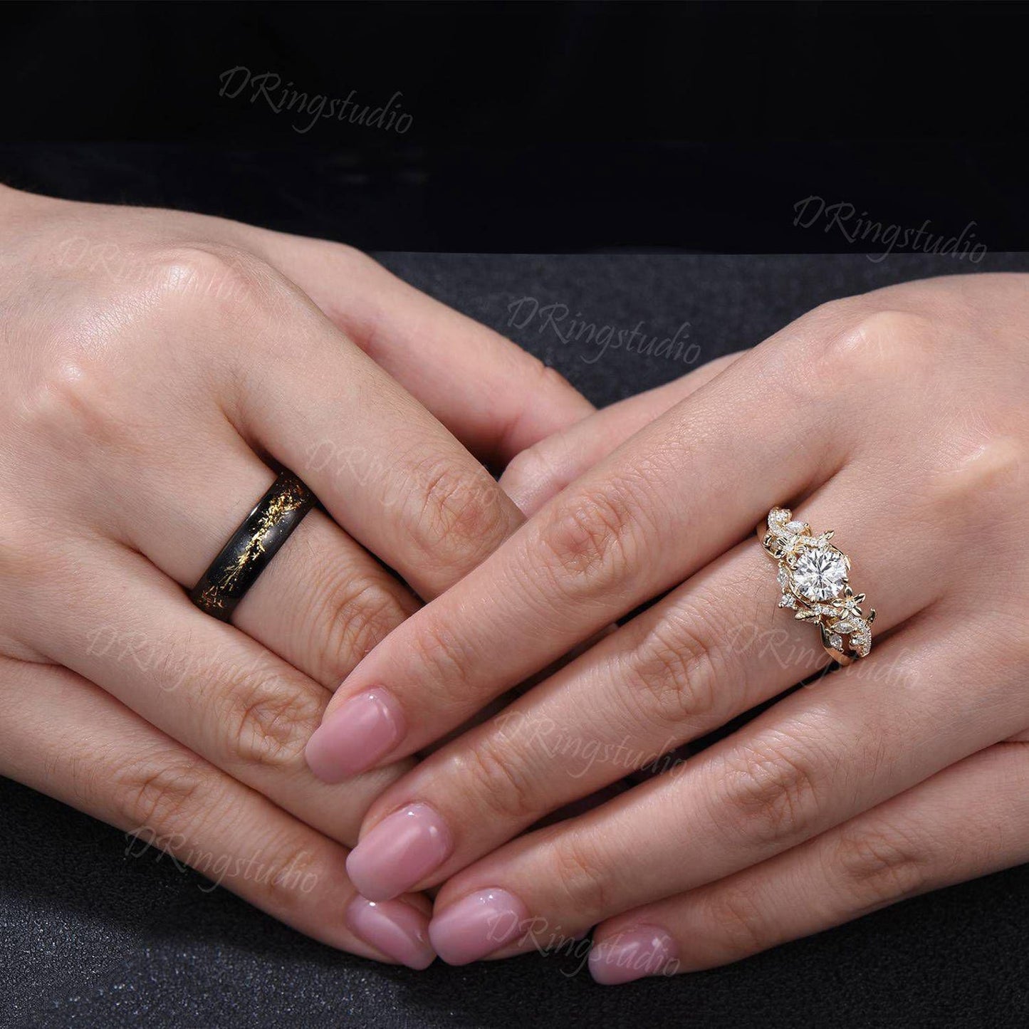 Nature Inspired Floral Round Moissanite Couple Ring Set Black Gold Leaf Tungsten Mens Wedding Ring Yellow Gold Flower Leaf Engagement Ring