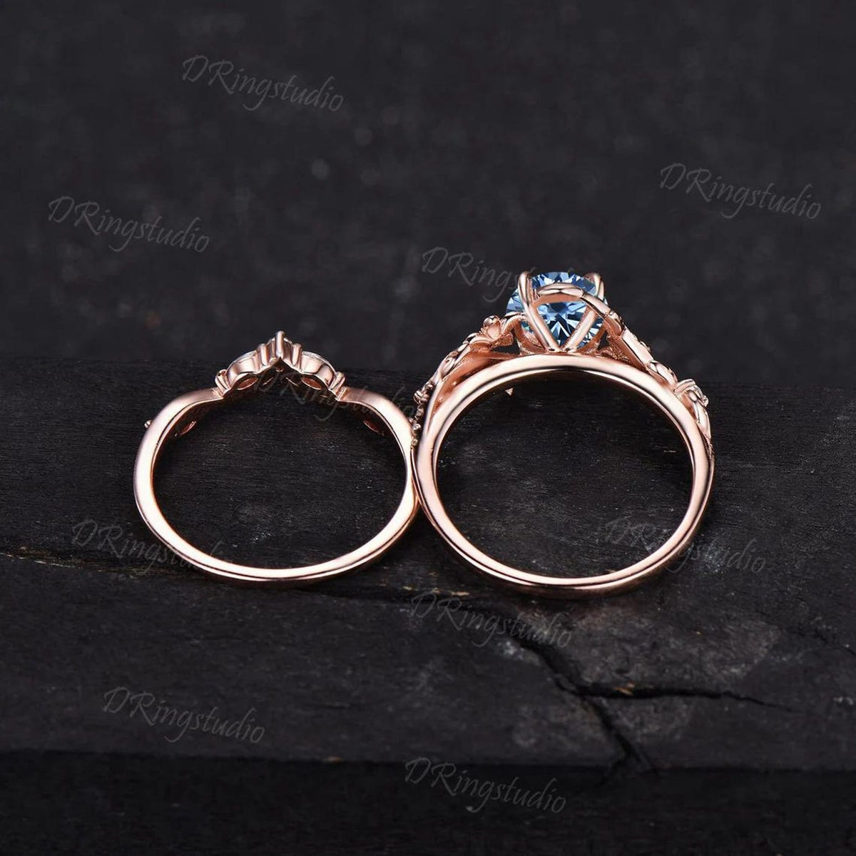 Nature Inspired Blue Moissanite Engagement Ring Set 1ct Round Cut Gray Blue Moissanite Cluster Wedding Ring Set Leaf Vine Branch Bridal Set