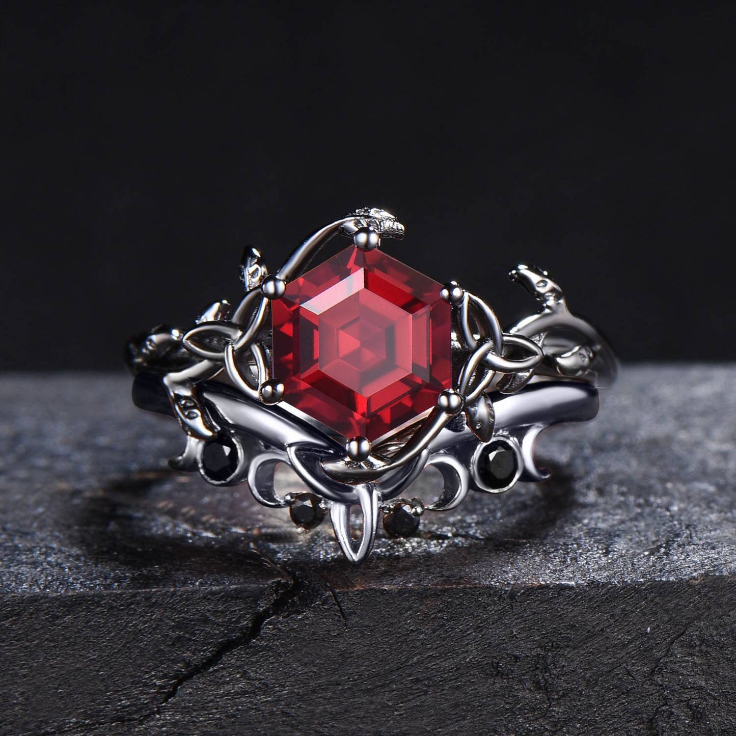 Black Gold Ruby Engagement Ring Wedding Ring Hexagon Cut Ruby Ring Set Unique Celtic Promise Ring