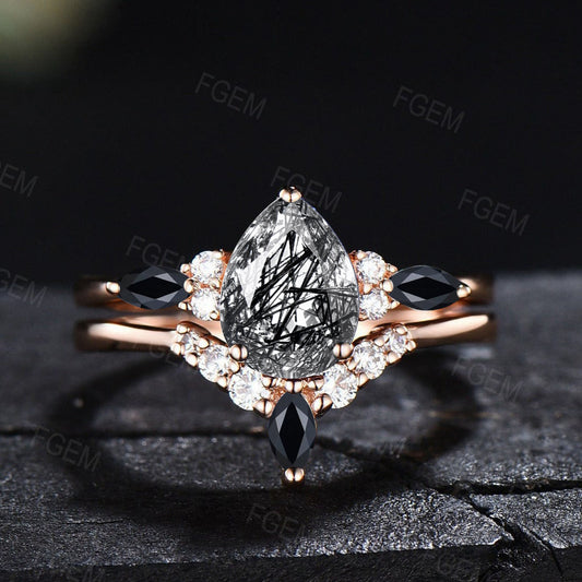 1.25ct Pear Cut Black Rutilated Quartz Engagement Ring Set Marquise Black Spinel Gemstone Ring 14k Rose Gold Unique Promise Wedding Ring Set Women