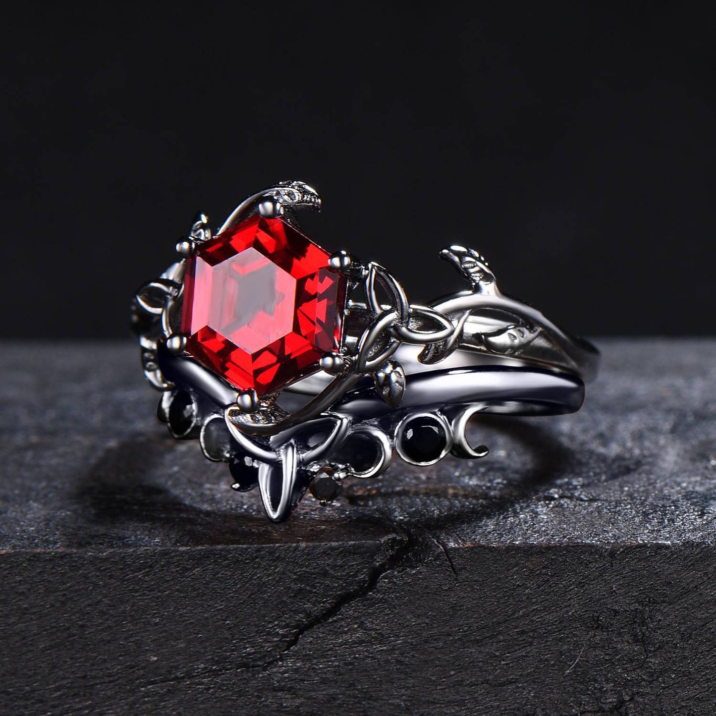Black Gold Ruby Engagement Ring Wedding Ring Hexagon Cut Ruby Ring Set Unique Celtic Promise Ring