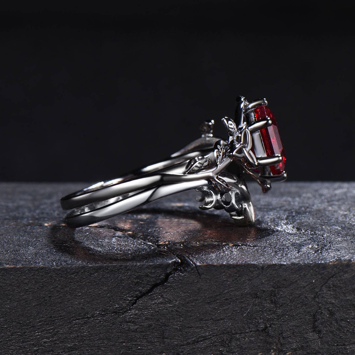 Black Gold Ruby Engagement Ring Wedding Ring Hexagon Cut Ruby Ring Set Unique Celtic Promise Ring