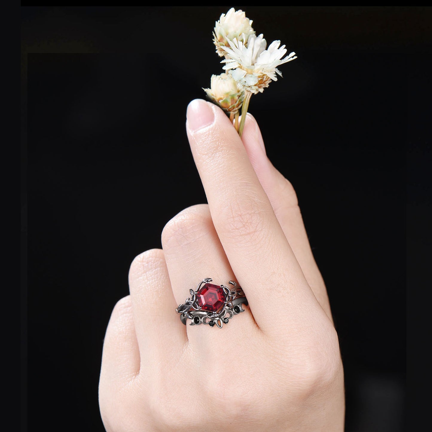 Black Gold Ruby Engagement Ring Wedding Ring Hexagon Cut Ruby Ring Set Unique Celtic Promise Ring