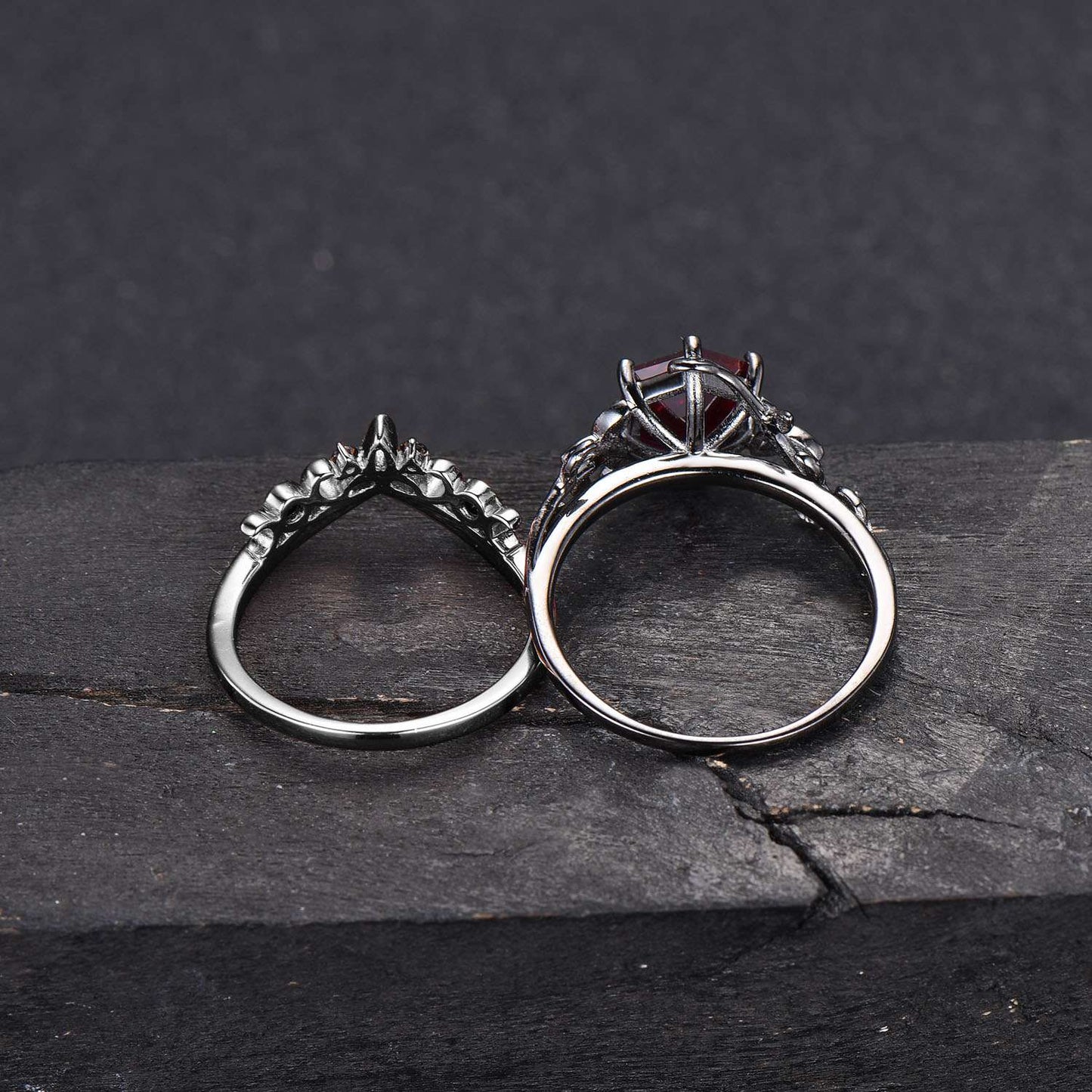 Black Gold Ruby Engagement Ring Wedding Ring Hexagon Cut Ruby Ring Set Unique Celtic Promise Ring
