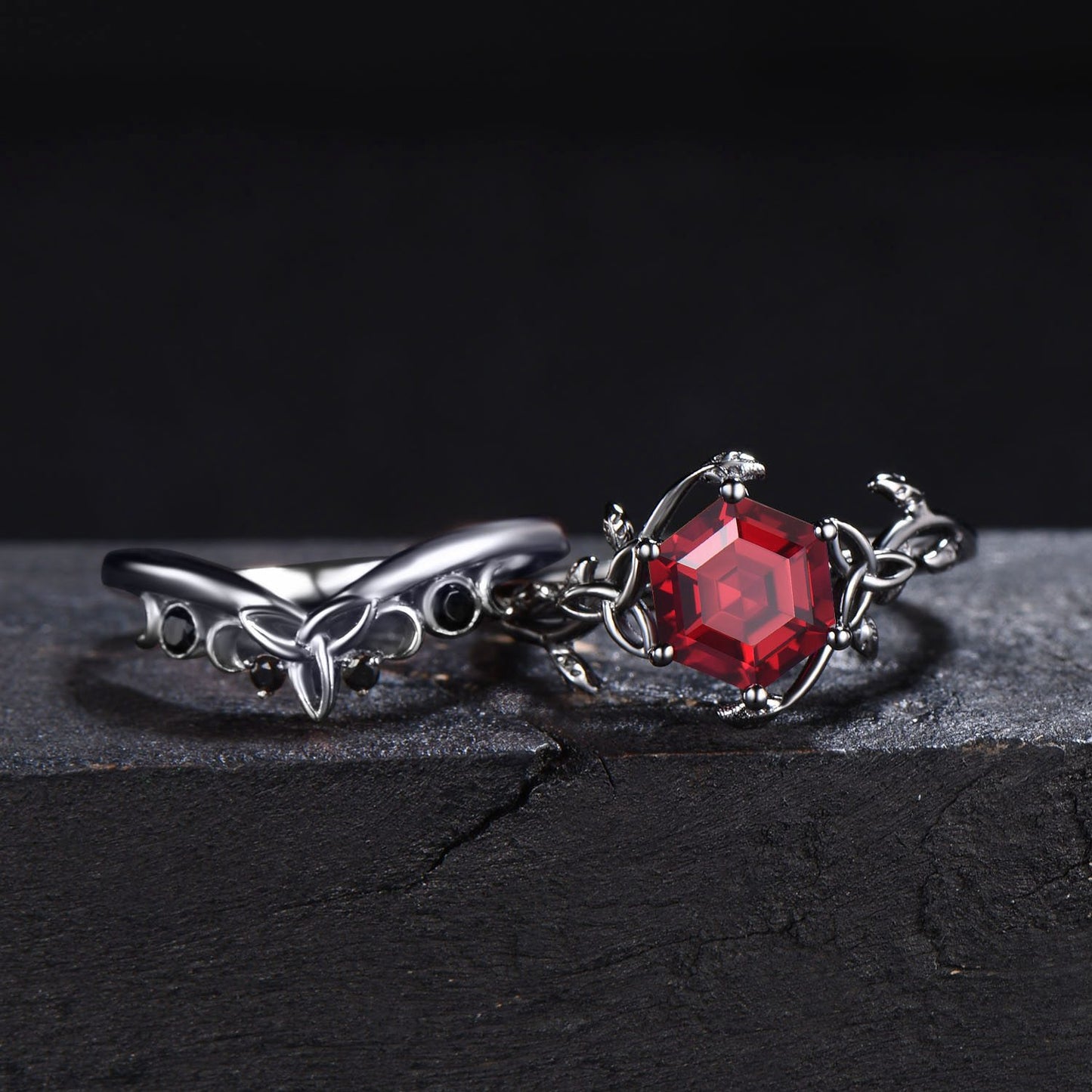 Black Gold Ruby Engagement Ring Wedding Ring Hexagon Cut Ruby Ring Set Unique Celtic Promise Ring